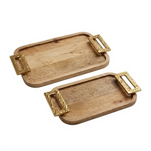Bandeja Rectangular de Madera con Asas de Metal Martillado, Plato Rústico de Madera de Mango para Servir Comida, Decoración de Mesa, Venta al por Mayor - Product Image 1