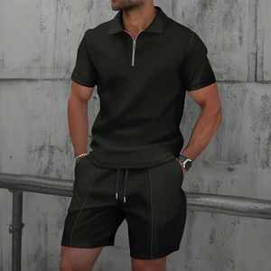 Conjunto de Dos Piezas para Hombre, Estilo Europeo y Estadounidense, Nuevo para Verano, Color Liso, Cierre de Cremallera, Solapa, Manga Corta, Pantalones Cortos - Product Image 5