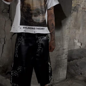 Роскошный изготовленный на заказ цепочка до колен кармашек негабаритный материал из искусственной кожи водонепроницаемый горный хрусталь толстый тяжелый стек шорты - Product Image 4