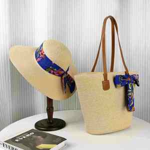 Bolsa de Playa de Papel Flexible Unisex al por Mayor con Sombrero de Flores y Lazo, Conjunto de Bolsa y Sombrero para Viajes de Verano - Product Image 5