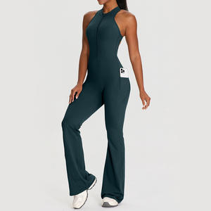 New Women's Sleeveless Yoga Romper Sexy Open Back Flare Leg Pocketed Tummy <b>Control</b> Nylon/Spandex Four-Way Stretch Quick Dry - Product Image 3