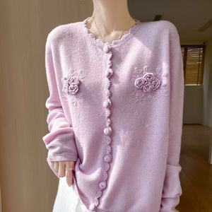 Cárdigan de Punto <span class=keywords><strong>Lila</strong></span> para <span class=keywords><strong>Mujer</strong></span> con Adorno Floral 3D y Botones - Product Image 4