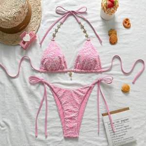 2025 Women's European American Sexy Lace-up Neck <strong>Bikini</strong> New Flower Fabric Bandeau <strong>Swimsuit</strong> <strong>Thongs</strong> Solid Pattern Logo Waist - Product Image 1