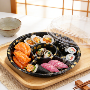 Plateaux à sushi personnalisés de 12,6 pouces en PET de qualité alimentaire pour la marque XF-sushi, avec logo et forme sur mesure, grand conteneur de présentation avec couvercle blister - Product Image 4