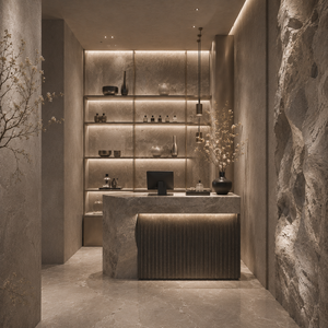 Iluminación de Diseño Moderno en Piedra Roca, Mostrador Personalizado para Cafetería y Bar, Renderizado 3D Ecológico para Decoración Interior de Restaurantes - Product Image 6