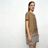 Robe en coton kaki brodée pour femmes, col en V, manches courtes, coupe ample, style bohème, robe d'été décontractée