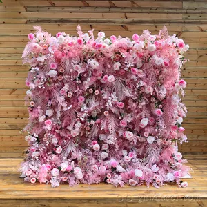 2022 GNW ที่กำหนดเองสีขาวสีชมพูฉากหลังสำหรับตกแต่งงานแต่งงานผ้าพลาสติกเทียมม้วนขึ้นผนังดอกไม้