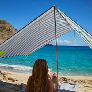 Carpa de Playa Vintage con Estampado de Rayas, Refugio Solar Portátil con Protección UPF 50+, Estilo Retro de los 70 - Product Image 4