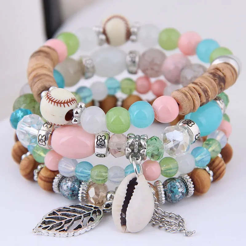 Boho 5 Layers Multi-Color Stretch Bracelet Colorful Rhinestone Bead Chain with Shells Leaves Charms Handmade Plastic Bangle