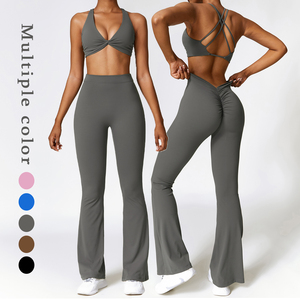 Vente en gros Vêtements de <span class=keywords><strong>sport</strong></span> avec échancrure aux fesses Vêtements de fitness pour femmes Soutien-gorge de <span class=keywords><strong>sport</strong></span> avec dos croisé et legging évasé Ensemble de yoga pour femmes - Product Image 4