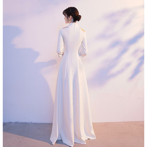 Chinese Style Cheongsam Long Dress Light Champagne Polyester Banquet Evening Gown Women's Traditional Formal Wear - Product Image 4