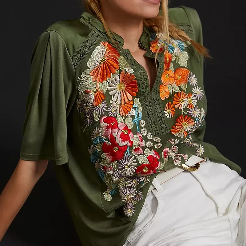 OEM Pullover Styling Women Summer Rayon Blouse Floral Embroidered Half-sleeve Top STB9006A