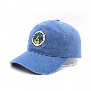Wholesale Custom High Quality 6 Panel Blue Denim Washed Embroidery Logo Baseball Cap,Leather Strap Luxury Ripped Women Dad <b>Hat</b> - Product Image 2