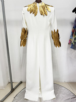 Nouvelle Robe Longue Sirène de Luxe pour Femme, Modèle 2026, Style Moyen-Orient Arabe, Ornée de Feuilles Dorées et de Perles, Fendue, Élégante, Longueur Ras du Sol