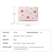 Dompet Wanita TAOMICMIC Musim Panas Baru Dompet Pendek Wanita Motif Beruang Lucu Segar Lipat Tiga Mini Portabel Bahan Kulit PU Tempat Kartu Kantong Koin