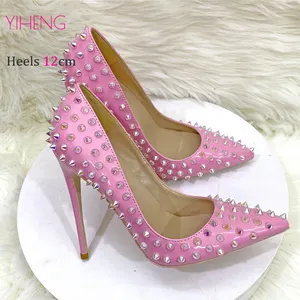 Customized Pink Rivets Women's Shoes Non-slip Rubber Soles Comfortable Fashion Wedding Dess Wearing High Heels Pumps