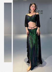 Костюм для выступлений по восточным танцам LILACDANCE, новый, из бархата с тиснением: топ + юбка + шорты - Product Image 6