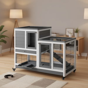 Jaula elevada para conejos de interior, color gris, con ruedas, rampa y bandeja extraíble para conejos, caseta para mascotas - Product Image 2