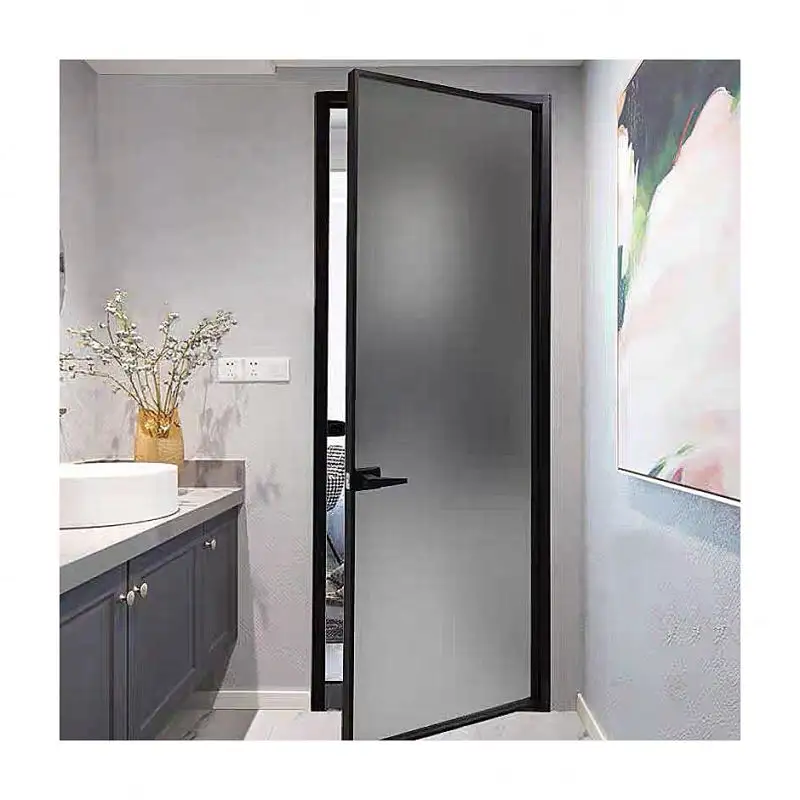 Тонкая узкая рама, стеклянная дверь, межкомнатные распашные створки, алюминиевые двери для туалета