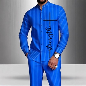 Ensemble chemise et <span class=keywords><strong>pantalon</strong></span> sur mesure pour homme, style décontracté de rue pour les fêtes, col montant, manches longues, imprimé numérique, pour sports de plein air - Product Image 2