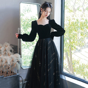 Black Evening Gown Sweetheart Neckline Long Sleeve Elegant For Banquet Art Exam 2026 Spring Dress - Product Image 2