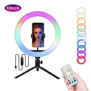 10 بوصة هالو Usb الجمال فيديو ستوديو صور دائرة مصباح RGB Led Selfie مصباح مصمم على شكل حلقة RGB أضواء مع حامل ثلاثي القوائم التحكم عن بعد