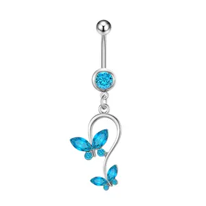 Piercing de umbigo de cristal azul de 14g, piercing de barriga em aço cirúrgico, umbigo, borboleta, barriga, joia de corpo sensual