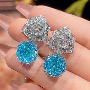 Fashion Eco-friendly Copper Rose Cut 12mm Sea Blue Zircon Party Floral Pendant <b>Earrings</b> <b>Set</b> Jewelry <b>Set</b> for Women Sparkly Party - Product Image 4