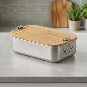 Recipiente para Alimentos de Acero Inoxidable Bencircle CS01 con Tapa de Bambú, Rectangular, Hermético, de un Solo Nivel, Diseño Moderno, Tamaño M - Product Image 1