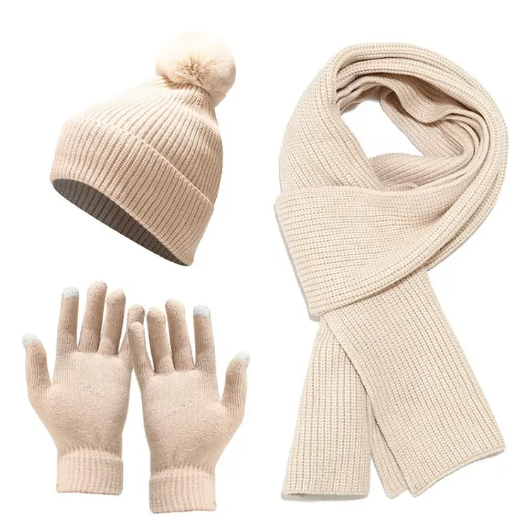 Inter-Conjunto de gorro y bufanda acanalada para mujer, conjunto de gorro y bufanda con pompón de piel, guantes y bufandas con pantalla táctil