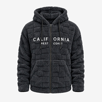 Veste d'hiver pour homme en polaire sherpa douce avec capuche à cordon de serrage et fermeture éclair intégrale, broderie California et deux poches latérales