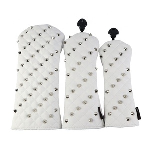 En gros, Housses de tête de clubs de golf pour Driver, Fairway Wood et Hybride, en cuir blanc imperméable, avec rivets dorés en PC - Product Image 1