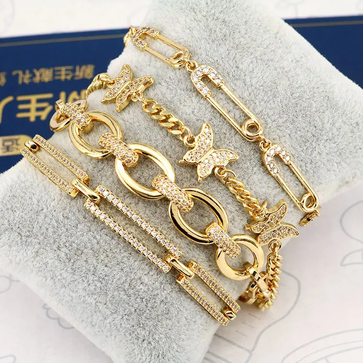 Bc1283 bracelete feminino dourado, pulseira banhada à ouro zircão cz micro pacote cubano paperclipe de segurança pino corrente ajustável bracelete para mulheres