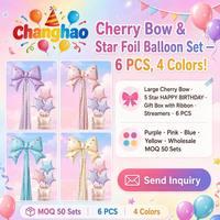Lot de 6 ballons Mylar en forme d'étoile avec nœud et pompon, style féminin mignon, pour décoration d'ambiance douce pour fête d'anniversaire