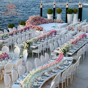 Mesa Rectangular Larga <span class=keywords><strong>para</strong></span> Banquetes de Boda, Tapa de Vidrio Azul Claro, Base Blanca, Patas Curvas, Alquiler <span class=keywords><strong>para</strong></span> Eventos de Hotel, Mobiliario Comercial - Product Image 2