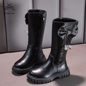 Nouvelles <span class=keywords><strong>Bottes</strong></span> Hautes pour Filles 2022, Mode Bébé Automne Hiver, Chaussures pour Enfants en <span class=keywords><strong>Cuir</strong></span> PU, Longueur Genou, Nœud Papillon Perlé, Style Doux - Product Image 5