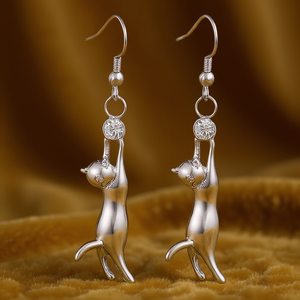 Boucles d'oreilles pendantes chat mignonnes en argent 925 plaqué rhodium avec cristaux et strass sertis clos, bijoux en forme d'animal pour femme, à porter au quotidien - Product Image 2