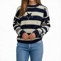 Pull-over Jacquard Rayé Étoilé Bleu Marine et Beige de Haute Qualité pour Femme, Col Rond, Motif Étoilé Intégral, Épaules Tombantes, Coupe Ample, Haut d'Automne