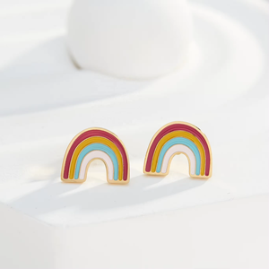 ต่างหูแฟชั่นเด็กผู้หญิง สแตนเลสสตีล ชุบทอง 18k PVD ลายเคลือบสีรุ้งน่ารัก แบบเกลียว - Product Image 3