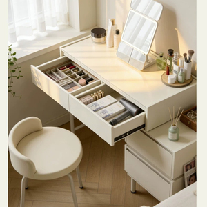 Ensemble de coiffeuse étroite tout métal avec <span class=keywords><strong>miroir</strong></span> LED pliable en trois parties, organisateur de cosmétiques multi-niveaux et armoire latérale à <span class=keywords><strong>2</strong></span> tiroirs, finition douce - Product Image 5