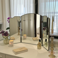 Stainless Steel Three-Fold Bathroom Mirror Hover Folding Feng Shui Mirror Desktop Dressing Mirror Wall Decorative Mirror