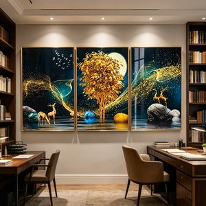 Custom Factory Wholesale 3 Panels <b>Framed</b> Wall Art Golden Money Tree Golden Deer Elk Landscape Crystal Porcelain <b>Painting</b> - Product Image 5