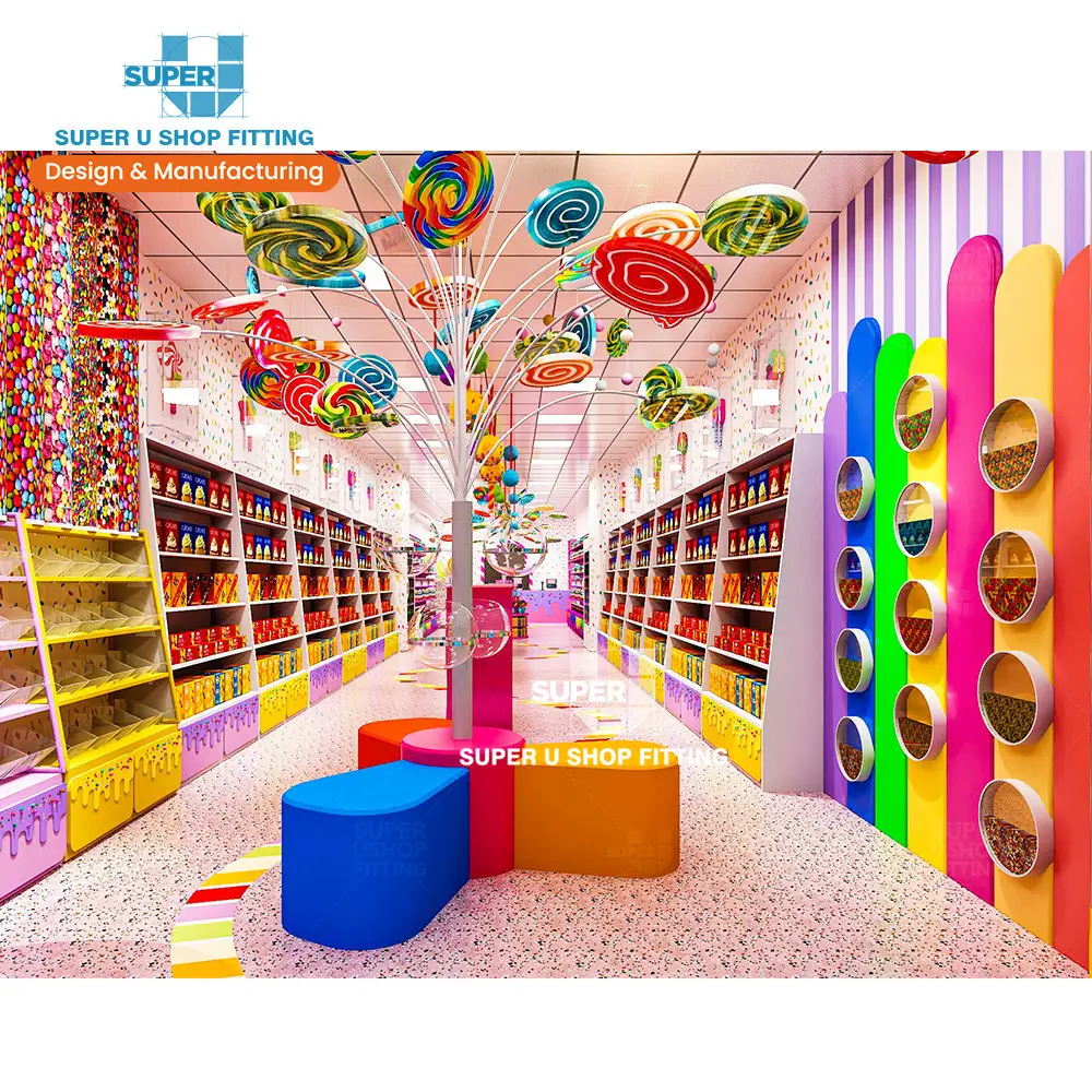 Présentoir à confiseries coloré personnalisé étagère sur mesure magasin de bonbons Design d'intérieur décorations modernes pour magasin de bonbons