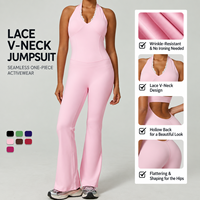 Combinaison de yoga une pièce personnalisée avec logo pour femme, col en V en dentelle, dos nu, jambe évasée, tenue de sport pour la gym