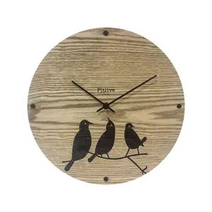 Art Deco Style round Wall Clock Wooden with Bird Pattern Still Life Design Circular Plastic Body Needle Display Living Room