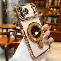 Étui de luxe à strass couvrant entièrement l'appareil pour iPhone 17 16 15 14 13 12 11 Pro Max, avec support magnétique miroir et protection d'objectif, coque pour iPhone