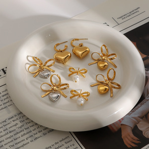Heart <b>Stud</b> <b>Earrings</b> With Bow Zircon 18K Gold Plated Stainless Steel For Women Gift Fashion Jewelry Set - Product Image 4