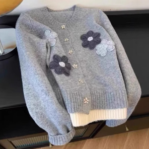Women's Gray Floral Knitted <b>Cardigan</b> Loose Fit Single Breasted Autumn Winter Korean Style Sweater Top Anti Pilling - Product Image 4