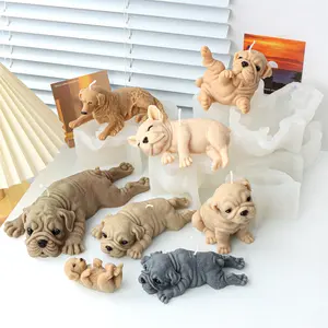Cetakan Pug 3D lilin kedelai anjing cetakan silikon pembuat hewan peliharaan Teddy anjing buatan tangan cetakan sabun berbaring Pug hewan DIY perlengkapan Resin