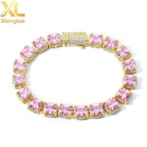 Niche Shiny Stylish Hiphop Fashion Trendy Sparkling Brass Square Pink Zircon Cube 10mm Tennis Link <b>Chain</b> Bracelet - Product Image 1